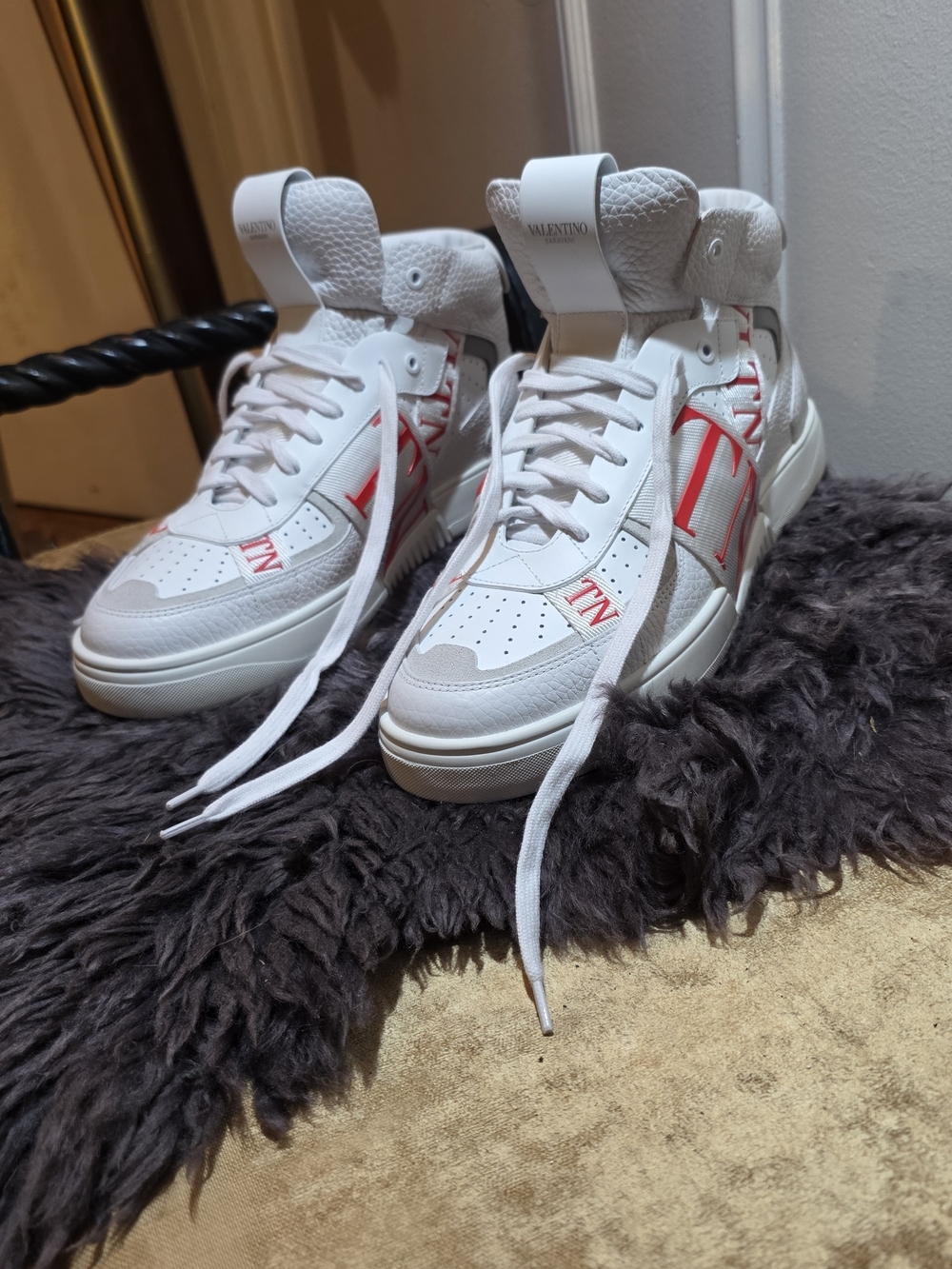 Valentino White Leather High-Top Sneakers with Red Accents